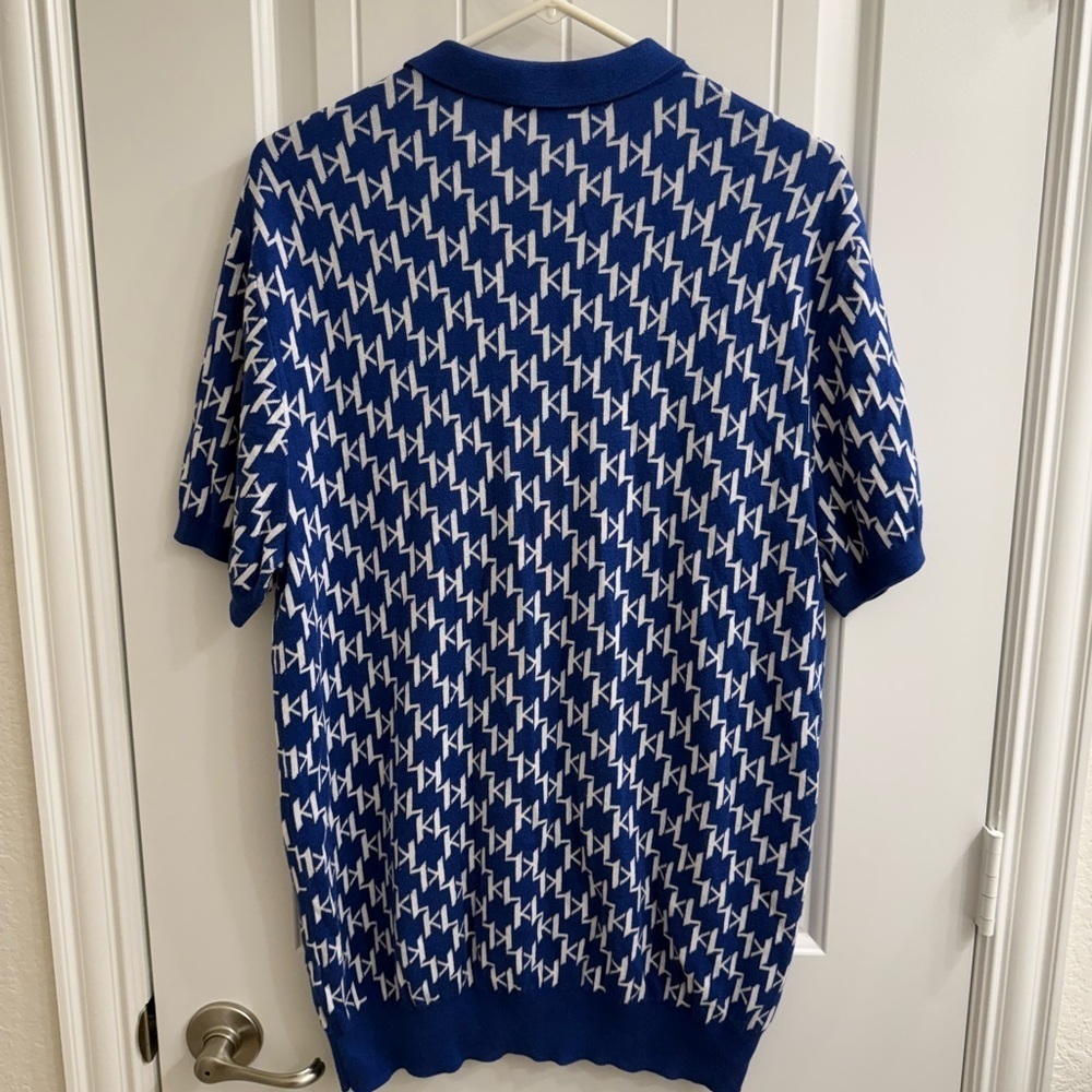Karl Lagerfeld Blue and White Patterned Knit Polo sz L - Picture 6 of 7